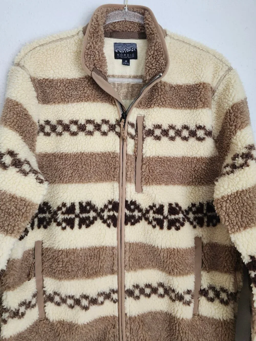 J.CREW Nordic Fair-Isle Sherpa Fleece Full-Zip Brown/Cream Striped Jacket M
